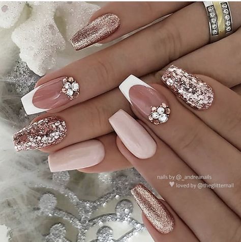 French With Crystals, Mauve Nails, French Manicure Nails, Rose Gold Nails, Nail Art Wedding, Nail Designs Glitter, Bridal Nails, Glitter Nail Art, Coffin Nails Designs