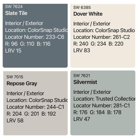 Slate tile -fire place Dover white -trim , I like that one better than the one we had chosen . Repose grey - for walls Silver mist for bathrooms Slate Tile Bathroom Ideas, Sw Slate Tile Coordinating Colors, Bathroom Color Schemes Gray, Slate Bathroom Floor, Repose Grey, Tile Color Palette, Grey Slate Tile, Floor Paint Colors, Blue Gray Paint Colors