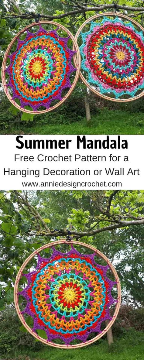 Summer Mandala - Free Crochet Pattern - Annie Design Crochet Summer Mandala, Crochet Dreamcatcher Pattern, Crochet Dreamcatcher, Design Crochet, Crochet Mandala Pattern, Crochet Wall Hangings, Crochet Circles, Crochet Winter, Crochet Mandala