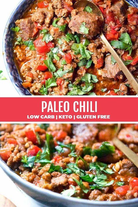 *NEW*3 meat low carb, keto and paleo chili recipe is so juicy, tender and full of flavor it's all you'll ever want for dinner! Perfect to make on the stove, in the crockpot or instant pot! #chili #ketochili #paleochili #lowcarbchili Paleo Chili Recipe, Whole30 Chili, Healthy Chili Recipe, Chili Turkey, Chili Recipe Healthy, Keto Chili, Paleo Chili, Winter Foods, Healthy Chili