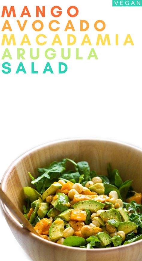 Arugula Avocado Mango Macadamia Salad Avocado Vegan, Mango Avocado, Vegan Salad Recipes, Egg Salad Recipe, Mango Salad, Arugula Salad, Vegan Salad, Avocado Recipes, Avocado Salad