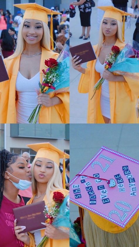 Yellow Cap And Gown Graduation Outfits, Grad Cap With Braids, Graduating Outfits, Graduation Ideas For High School Seniors, Diy Graduation Pictures, Cap And Gown Senior Pictures Black Women, Graduation Pictures Senior Year, Graduation Photoshoot High School, Grad Cap Inspo Aesthetic