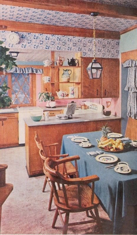 Modern Colonial Kitchen, 50s Interior, 1950s Interior, 70s Interior Design, Colonial Kitchen, Modern Colonial, Retro Interior Design, Vintage Interior Design, Retro Interior