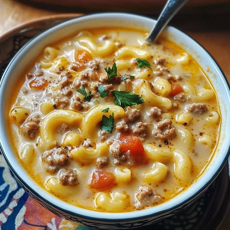 One-Pot Cheesy Cheeseburger Macaroni Soup is a warm and creamy dish that combines the flavors of cheeseburgers and macaroni in a delightful soup. It’s easy to make and perfect for a cozy meal with the whole family. Why Make This Recipe This soup is a great weeknight dinner because it only uses one pot, making Elbow Macaroni Soup Recipes, Hamburger Soup Recipe Instant Pot, Cheesy Macaroni Soup, One Pot Cheese Burger Macaroni Soup, Mac Cheese Soup, Easy Mom Recipes, Soups Made From Canned Goods, One Pot Cheeseburger Macaroni Soup No Velveeta, One-pot Macaroni Cheeseburger Soup – No Velveeta