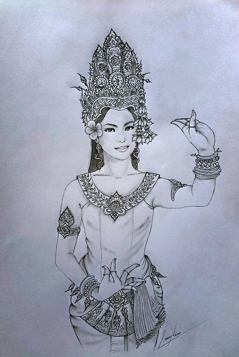 Cambodian Art Drawing, Apsara Tattoo, Apsara Drawing, Recycle Fashion, Khmer Tattoo, Buddhist Art Drawing, Cambodian Art, Princess Tattoo, Asian Tattoos