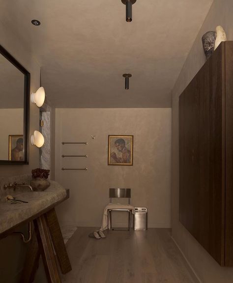 Roman Clay Walls, Wabi Sabi Bathroom, Clay Walls, Roman Clay, Portola Paint, Custom Bathroom Vanity, Loft Interior Design, Clay Wall, Near Future