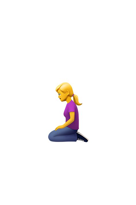 The emoji 🧎‍♀️ depicts a woman kneeling on the ground with her head slightly bowed and her hands resting on her thighs. She is wearing a shirt and pants, and her hair is styled in a short bob. The woman's skin tone may vary depending on the platform used. Praying Emoji, Praying Hands Emoji, Emoji Ip, Hands Resting, Woman Kneeling, Emojis Iphone, Apple Emojis, Figure Sitting, Hand Emoji