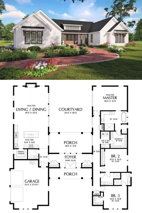 Small house plans Modern One Story Farmhouse, One Story Farmhouse Plans, One Story Farmhouse, Home With Courtyard, House Club, Small Modern House Plans, Unique Floor Plans, Vertical Siding, Courtyard House Plans