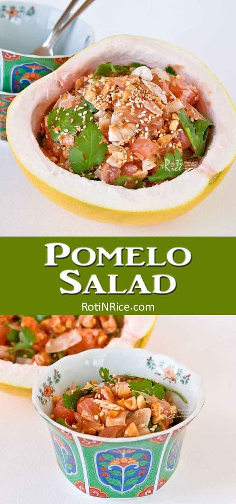 This delicious Pomelo Salad with chopped peanuts and toasted coconut flakes is a must-try! It is sweet, tangy, juicy, and refreshing. | RotiNRice.com #pomelo #pomelosalad #chinesenewyear #lunarnewyear Pomello Salad, Pomelo Salad, Malaysian Cuisine, Asian Inspired Recipes, Lettuce Salad, Inspired Recipes, Toasted Coconut, Coconut Flakes, Asian Recipes