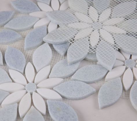 Daisy Bloom Ocean 11.75 x 13.25 | Elysium Tiles Marble Daisy Mosaic Tile, Blue Basket Weave Tile, Floral Mosaic Pattern, Flower Tile Backsplash, White And Blue Bathroom, Daisy Tile, Light Blue Tile, Blue Bathrooms, Flowers Mosaic