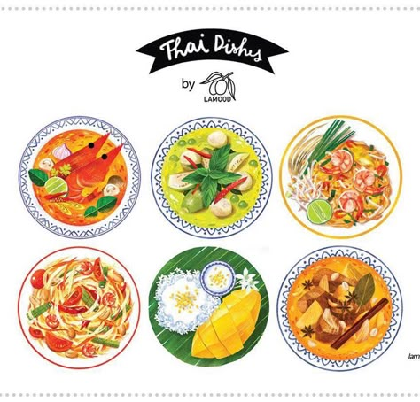 Pad Thai Drawing, Thai Food Illustration, Thai Food Cartoon, Thai Menu Design, Thai Illustration, Chicken Coconut Soup, Thai Menu, Food Illustration Design, Laos Food