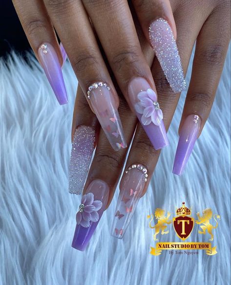 Purple Nail Butterfly, His Tip Color Nails, Black And Purple Tuxedo Prom, Prom Nails Acrylic Light Purple, Lavender Butterfly Nails Acrylics, Fancy Lavender Nails, Nail Designs Coffin Purple, Lavender Glam Nails, Wedding Nails For Bride Lavender