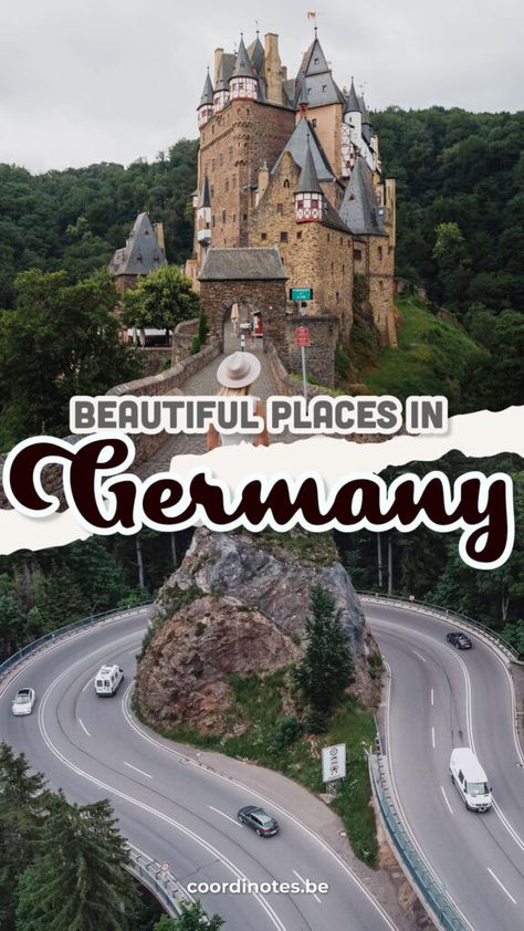 Our pin cover for our guide to 10 Unique Places to visit in Germany with on top Sarah standing on front of Burg Eltz and at the bottom a 180 degrees curve in a road around a huge rock. Places In Germany, Places To Visit In Germany, Interesting Architecture, Fairytale Castle, Unique Places, Green Lake, Unique Hotels, Beautiful Places To Visit, Germany Travel