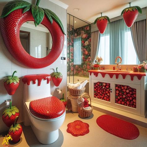 Strawberry-Inspired Bathroom Strawberry Bathroom, Maximalist Home, Burst Of Color, Chill Room, Future Apartment Decor, Home Makeover, Room Makeover Inspiration, Dream Decor, Dream Bedroom