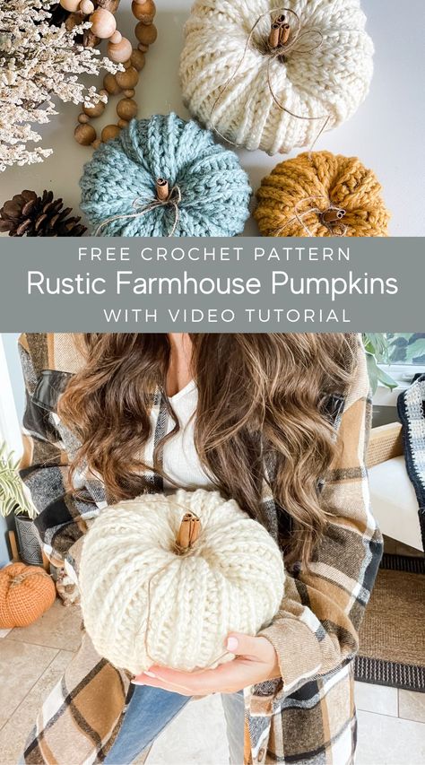 Farmhouse Pumpkins, Crochet Fall Decor, Easy Beginner Crochet Patterns, Holiday Crochet Patterns, Ribbed Crochet, Fall Crochet Patterns, Half Double Crochet Stitch, Halloween Crochet Patterns, Crochet Fall