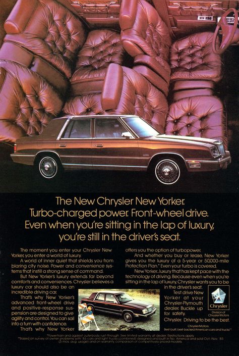 1986 Chrysler New Yorker ad  from: National Geographic, November 1986 Matthew Henson, Concept Cars Vintage, Car Advertising Design, Chrysler Cars, Luxury Car Interior, Chrysler New Yorker, Chrysler Imperial, Car Brochure, Cars Usa