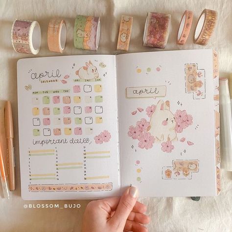 Blossom Bujo 🌸 on Instagram: "Hi everyone!! ✨ Just realized this is the first two pages photo I post of my April set up 🤣🐰 I knew I would have loved the look of the calendar spread beside the cover page eheh . I'm back at my mom's house to spend Easter together, and I'm taking advantage to relax 🙈 currently watching Netflix, in particular I'm at season 2 of The Witcher! . QOTD: do you have some good recommendation? It can be a TV series, an anime or k-drama 👀 . . . . . Check out my April Pl April Bullet Journal, Bullet Journal Ideas Templates, Bullet Journal Spreads, Creating A Bullet Journal, Bullet Journal Notes, Bullet Journal Paper, Bulletin Journal Ideas, Journal Stuff, Aesthetic Journal