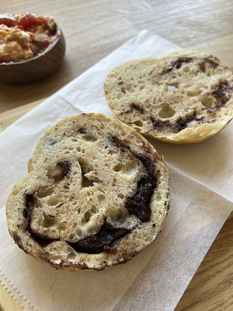 Chocolate Chip Sourdough Bagels - Jesha's - Nothing's Better Than Sourdough Chocolate Chip Bagel Recipe, Chocolate Chip Bagels, Strawberry Sourdough, Chocolate Chip Sourdough, Toast Sourdough, Bagels Recipe, High Protein Flour, Bagel Bread, Sourdough Bagels