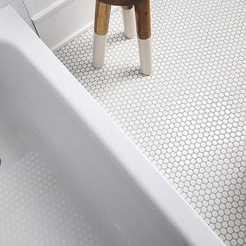 Dip Dyed Stool in White Penny Tiles - Transitional - Bathroom White Penny Round Tile Bathroom Floor, White Penny Tile Grey Grout, White Penny Tile Bathroom, Light Gray Grout, Penny Tile Shower Floor, Penny Tiles Kitchen, Penny Round Tile Bathroom, Penny Tile Floor, White Penny Tile