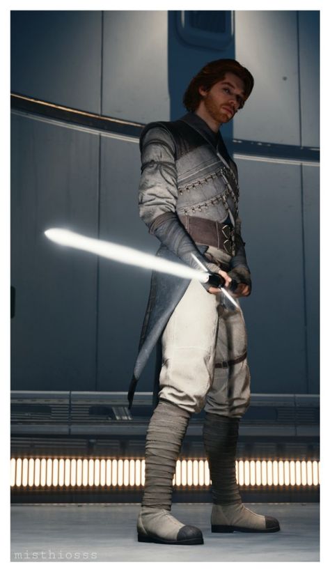 Zen on Tumblr Grey Jedi Outfit, Jedi Fashion, Star Wars Fashion Men, Grey Jedi Concept Art, Jedi Mercenary, Cal Kestis Lightsaber, Star Wars Cal Kestis Art, Jedi Survivor, Old Jedi Master Art