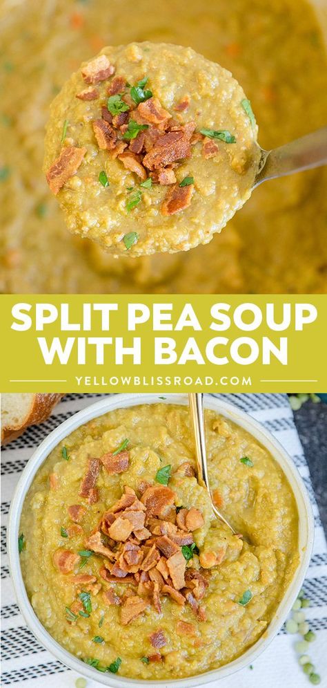 Split Pea Soup With Bacon, Pea Soup With Bacon, Bacon Soup Recipes, Recipe With Bacon, Pea Soup Recipe, Soup With Bacon, Cheesy Potato Soup, Split Pea Soup Recipe, Bacon Soup