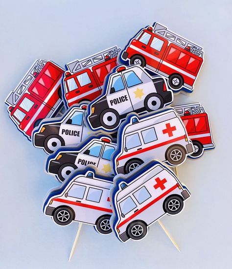 A hand-made cupcake topper for a Rescue vehicles birthday theme is a decorative piece placed on top of a cupcake that is made by hand.  These cupcake toppers are typically made using best quality materials. They add a personalized touch to the birthday celebration and will make the cupcakes stand out as a fun and unique treat. The price includes three units. Vehicles Birthday Theme, Rescue Vehicle Birthday Party, Two The Rescue Birthday, Cupcakes Stand, Paper Decoration, Rescue Vehicles, Rescue Team, Birthday Themes, Second Birthday