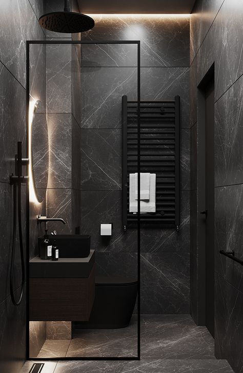 Small Bathroom Design Black, Dark Small Bathroom Ideas, Dark Small Bathroom, Small Black Bathroom, Bathroom Ideas Dark, Dark Modern Bathroom, Small Dark Bathroom, Black Modern Bathroom, Black Marble Bathroom