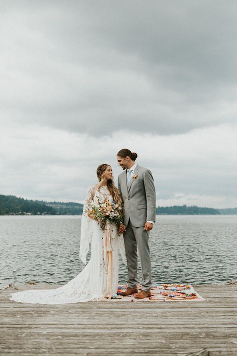 bohemian lakeside wedding Bohemian Wedding Colors, Dress Theory Seattle, Lake Elopement, Bohemian Beach Wedding, Bohemian Wedding Hair, Cozy Wedding, Enchanted Forest Wedding, Lakeside Wedding, Wedding Petals