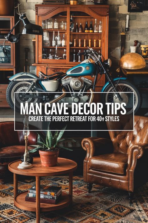 Vintage-style man cave with a motorcycle, leather chair, and eclectic decor elements. Man Cave Decor Ideas, Man Cave Decorations, Country Man Cave, Cave Decorations, Beer Deer, Hangout Spot, Sports Movies, Whiskey Decanter Set, Stylish Man