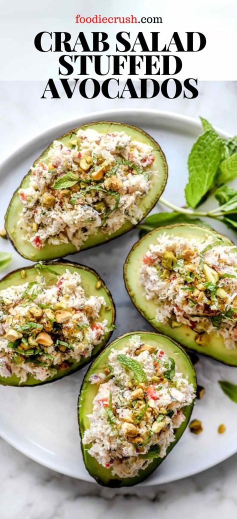 Avocado Crab Salad Recipe, Crab Guacamole Recipe, Crab Stuffed Avacodo, Crab And Avocado Recipes, Crab Healthy Recipes, Crab Stuffed Avocado Recipes, Crab And Avocado Salad, Vegan Crab Salad, Crab Avocado Salad