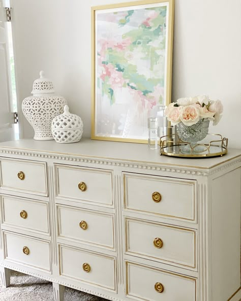 Grand Millennial Furniture, Styling Your Dresser Top, Two Lamps On Dresser, Grand Millennial Dresser Decor, Coastal Parisian Decor, Grand Millennial Living Room With Tv, Grand Millennial Apartment, Grandmillenial Dresser Decor, Grand Millennial Tv Stand