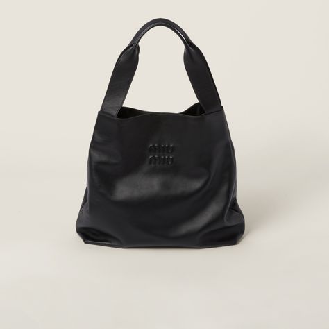 Black Leather Hobo Bag | Miu Miu Womens Weekender Bag, Miu Miu Handbags, Eco Bags, Miu Miu Bag, Lettering Logo, Tote Bag Purse, Crossbody Clutch, Leather Hobo Bag, Leather Hobo