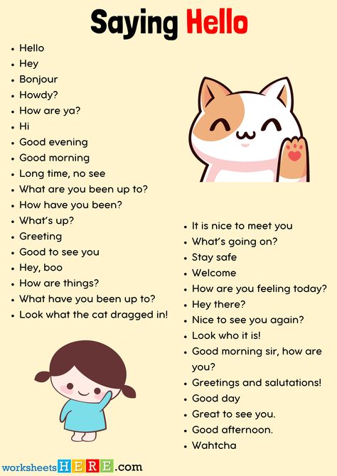 Different Ways To Saying Hello in English, Speaking PDF Worksheets - WorksheetsHere.com Ways To Say Hello In English, Etiquette Classes, January Activities, Ways To Say Hello, Saying Hello, Hey Boo, English Activities, Good To See You, English Speaking