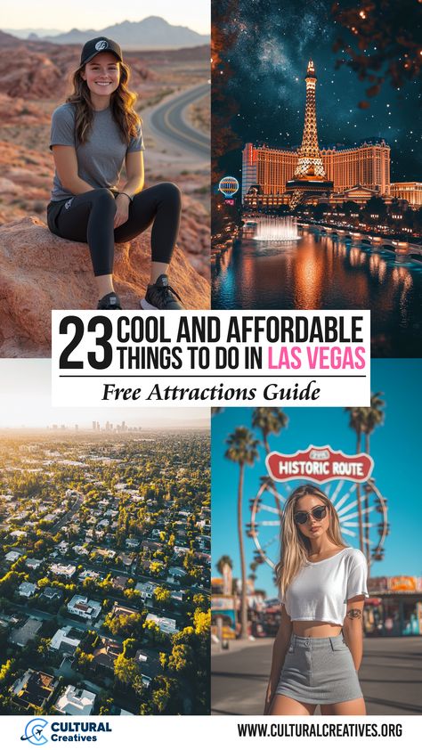 Collage showcasing a woman in desert scenery, the Las Vegas Strip at night, an aerial view of a city, and a historic route sign, highlighting 23 Cool and Affordable Things To Do in Las Vegas. Arte Museum Las Vegas, Free Things To Do In Las Vegas, Things To Do In Vegas As A Couple, Things To Do In Las Vegas 2024, Las Vegas Things To Do In, Weekend Vegas Trip, Things To Do In Las Vegas, Las Vegas In March, Las Vegas Weekend Trip