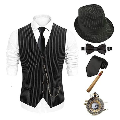 1920s Mens Costume, 20s Costume, Gangster Costumes, Mens Fedora Hat, 1920s Looks, 1920s Outfits, Mens Fedora, Vintage Pocket Watch, Retro Mode