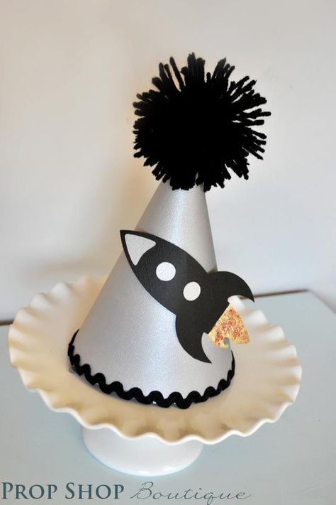 Boy's Rocket Ship Party hat    www.facebook.com/propshopboutique Ship Birthday Party, Rocket Ship Birthday Party, Rocket Ship Party, Anchor Birthday, Rocket Party, First Birthday Hats, Space Theme Party, Space Birthday Party, Super Party