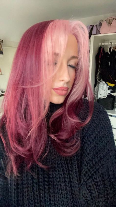 Blonde Colored Hair Ideas, Moneypiece Hair Pink, Maroon Hair Pink Money Piece, Red Hair With Pink Dress, Maroon And Blonde Hair Color, Pink And Burgandy Hair, Wine Red Hair With Pink Money Pieces, Pink Hair Full Head, Blue And Pink Highlights In Brown Hair