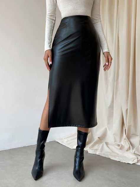 Classy Bottoms For Women, Medium Skirt Outfits, Long Black Leather Skirt, Pu Skirt, Pu Leather Skirt, Women Bottoms, Leather Skirts, Shein Outfits, Black Leather Skirts