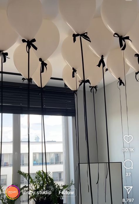 White Balloons Ceiling, Black Wedding Balloons, White Balloons Black Ribbon, Balloons Table Centerpieces, Coquette Black And White Party, White Balloons With Bows, Black Ribbon Birthday Theme, White Balloons With Black Ribbon, 30th Surprise Party Ideas For Her