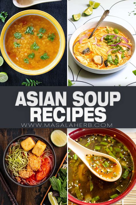 Asian Soup Recipes — A list of flavorful soups from the Asian continent. Here you will find clear soup, coconut milk soups, soups with noodles, chicken soups, soups with shrimp, and various other meats and Asian ingredients. This is a collection to help you get inspired in your kitchen. www.MasalaHerb.com