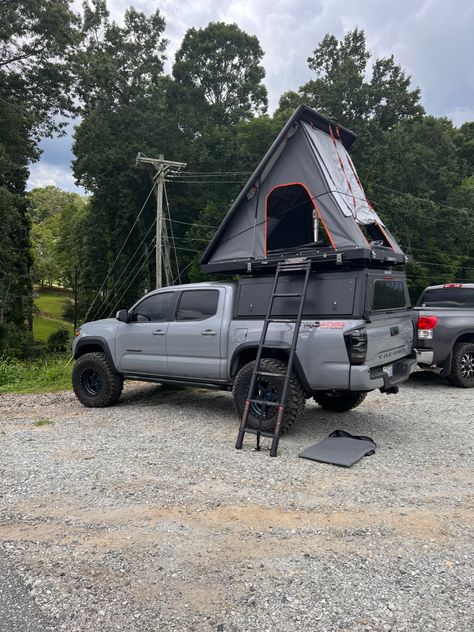 Tacoma Truck Camping Set Up, Overland Toyota Tacoma, Toyota Tacoma With Camper Shell, Toyota Tacoma Overland Build, Tacoma Camping Setup, Overlanding Tacoma, Tacoma Interior Mods, Tacoma Tent, Toyota Tacoma Camper