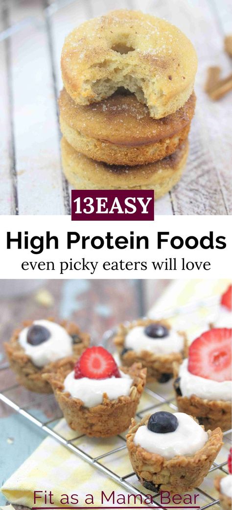 Two images with text between them the top of donuts and the bottom of granola cups with yogurt. High Protein Lunch Ideas For Picky Eaters, Protein Snacks For Picky Eaters, High Protein Picky Eater, Kids High Protein Snacks, Meal Prep Ideas Picky Eater, High Protein Meals Kid Friendly, Extreme Picky Eaters Recipes, Protein For Picky Eaters Kids, Protein Recipes For Kids