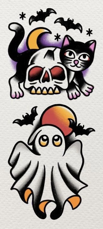 Halloween Simple Tattoo Ideas, Traditional Filigree Tattoo, American Traditional Halloween Tattoo Flash, Traditional Jackolantern Tattoo, Ghost American Traditional Tattoo, Traditional Dracula Tattoo, Halloween Traditional Tattoo Flash, American Traditional Ghost Tattoo, Halloween Tattoo Traditional