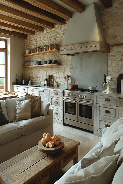 Welcoming rustic country kitchen with exposed wooden shelves, a stone range hood, and a comfortable living area.