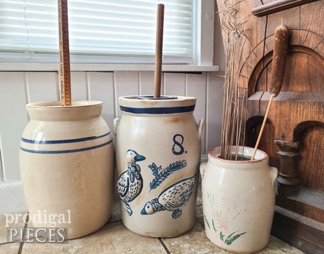 Hand-Painted Cermaic Butter Churn by Larissa of Prodigal Pieces | prodigalpieces.com #prodigalpieces #farmhouse #vintage #antique Butter Churn Decor Ideas, Antique Butter Churn, Butter Churns, Butter Churn, Vintage Crock, Paint Ceramic, Painted Cupboards, Churning Butter, Farmhouse Vintage