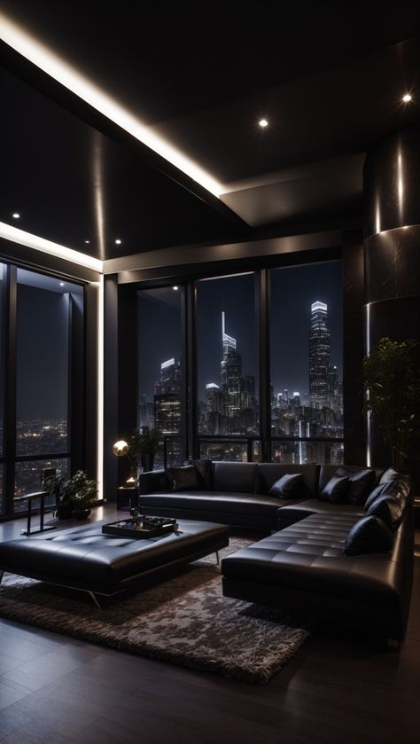 Dark luxury house in a city Penthouse Apartment Aesthetic, Black Luxury House, Apartamento New York, Dark Modern House, Penthouse Aesthetic, Penthouse Living Room, Penthouse Interior, Modern Penthouse, Penthouse Design