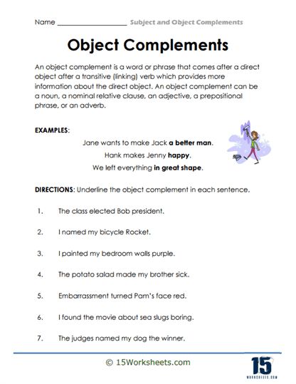 Complement Hunt Worksheet - 15 Worksheets.com Direct Object, Relative Clauses, Linking Verbs, Holiday Science, Kindergarten Social Studies, Prepositional Phrases, English Story, Sentence Structure, Workout Guide