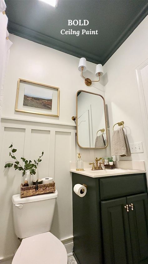 Did you know - Painting a ceiling a bold and dark color can create an optical illusion that makes the walls appear longer! Darker colors… | Instagram Dark Ceiling Light Walls, Bathroom Ceiling Paint, Painting A Ceiling, Paint The Ceiling, Dark Green Bathrooms, Small Bathroom Paint, Bold Bathroom, Dark Ceiling, Dark Bathrooms