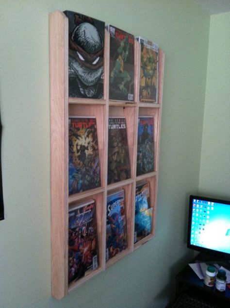 Comic Display Ideas, Comic Book Rooms, Comic Storage, Comic Display, Comic Book Display, Comic Room, Leather Sofa Living, Book Rooms, Comic Book Storage