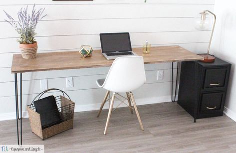 Farmhouse Office Space, Hairpin Desk, Hairpin Leg Desk, Modern Farmhouse Office, Hairpin Legs Diy, Industrial Style Office, Diy Office Desk, Furniture Build, File Cabinet Makeover